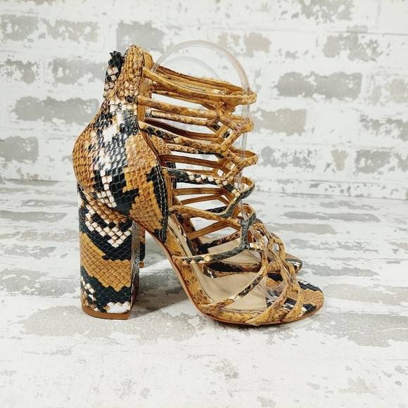 Schutz Julianna Block Snake-Embossed Leather Cage Sandals H868 - Picture 5 of 13